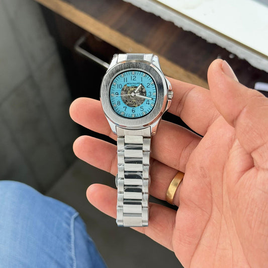 Patek philippe Stainless Steel Automatic Skeleton Watch with Blue Dial